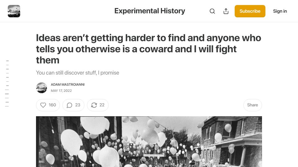 Screenshot of experimental-history.com: Ideas aren't getting harder to find (2022)