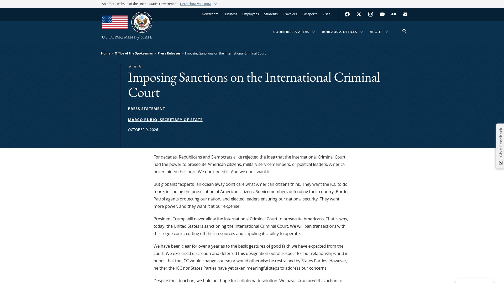 Screenshot of state.gov: Imposing Sanctions on the International Criminal Court