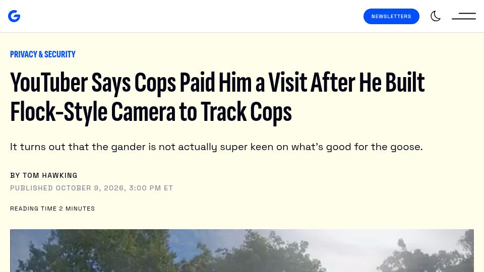 Screenshot of gizmodo.com: YouTuber Says Cops Visited Him After He Built a Flock-Style Camera to Track Cops