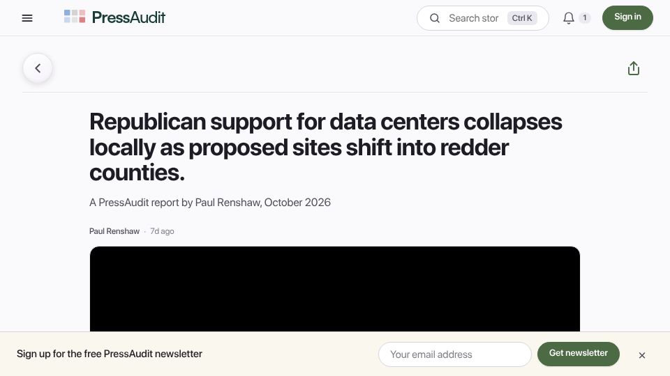Screenshot of pressaudit.org: Republican data center support collapses locally when sites are in GOP counties