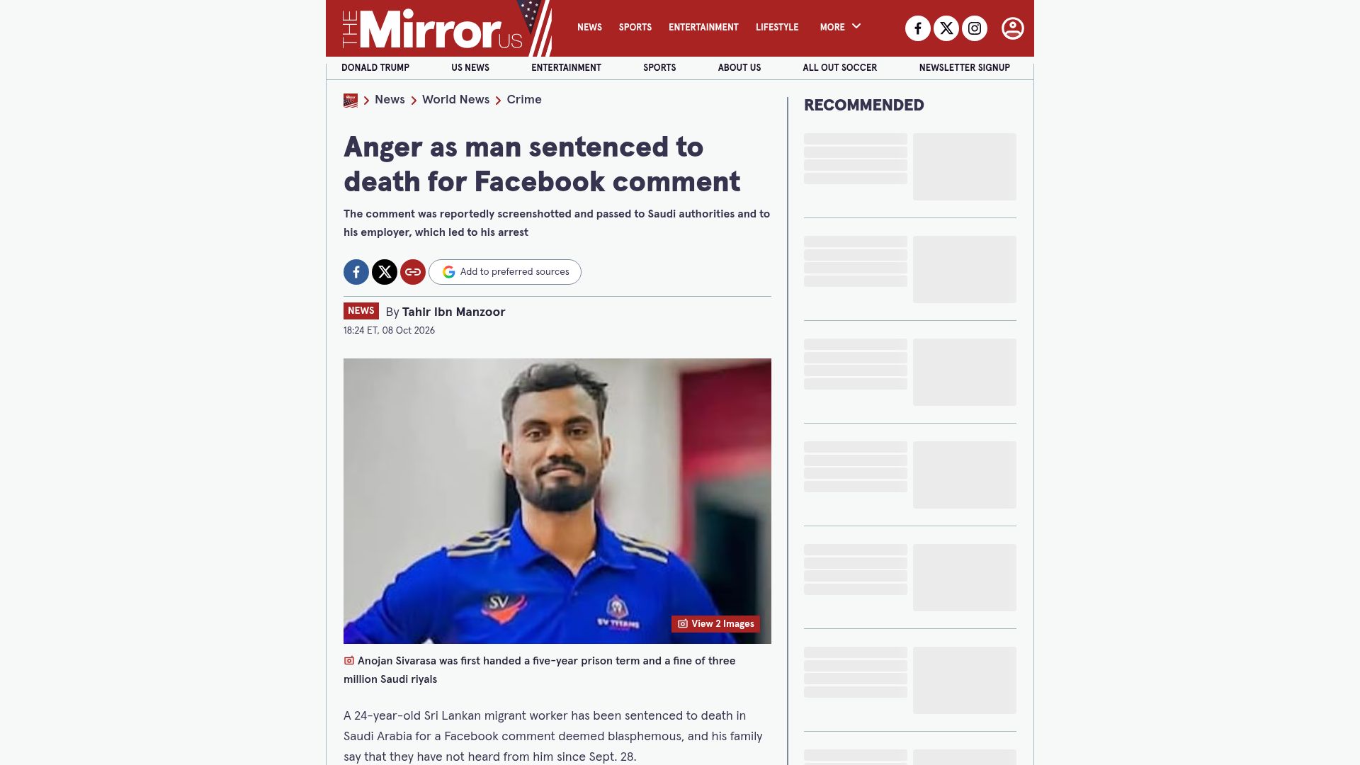 Screenshot of themirror.com: Anger as man sentenced to death for Facebook comment