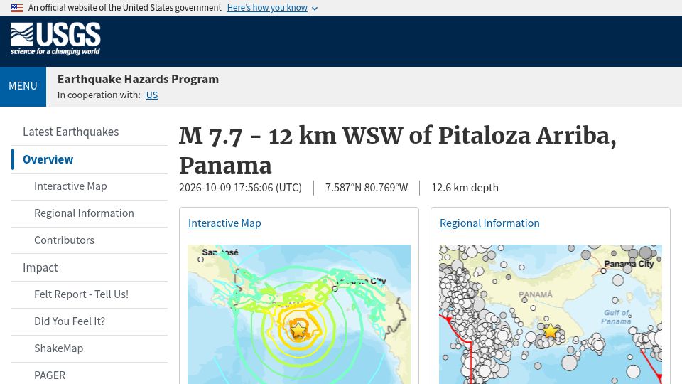 Screenshot of earthquake.usgs.gov: M7.6 Earthquake in Panama