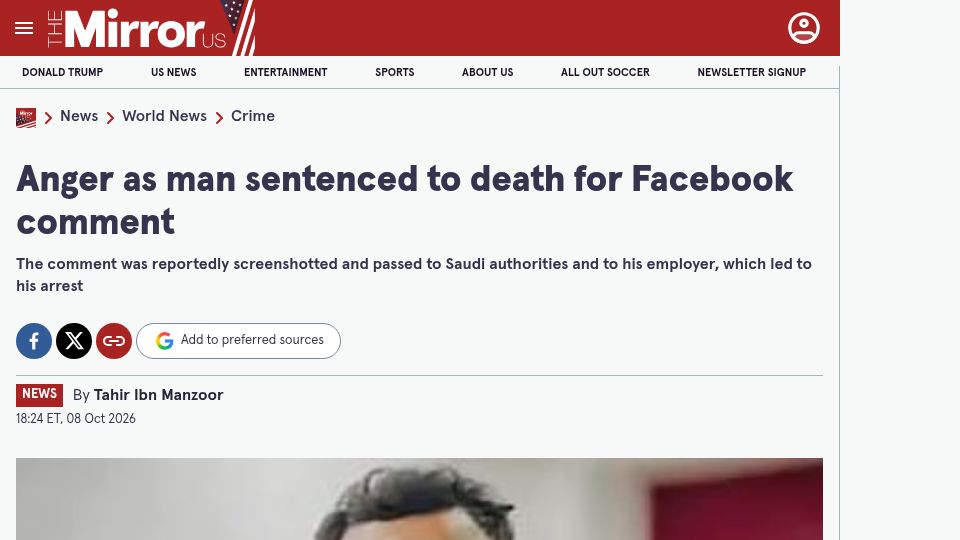 Screenshot of themirror.com: Anger as man sentenced to death for Facebook comment