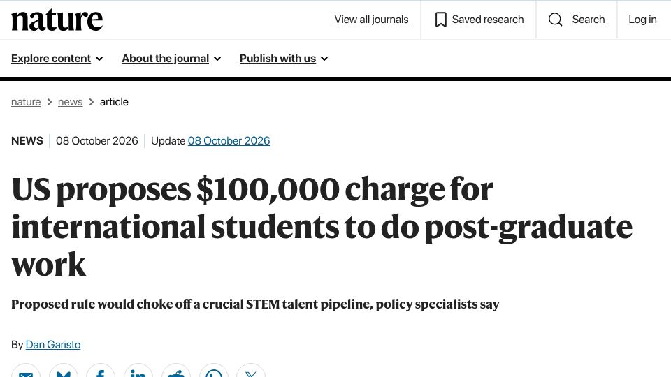 Screenshot of nature.com: US proposes $100k charge for international students to do post-graduate work
