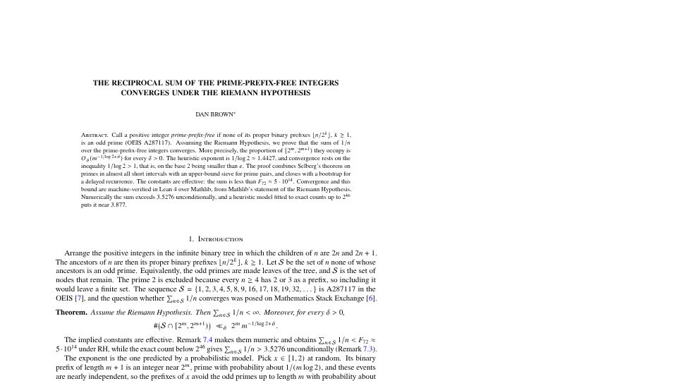Screenshot of jdb19937.github.io: The reciprocal sum of the prime-prefix-free numbers converges [pdf]