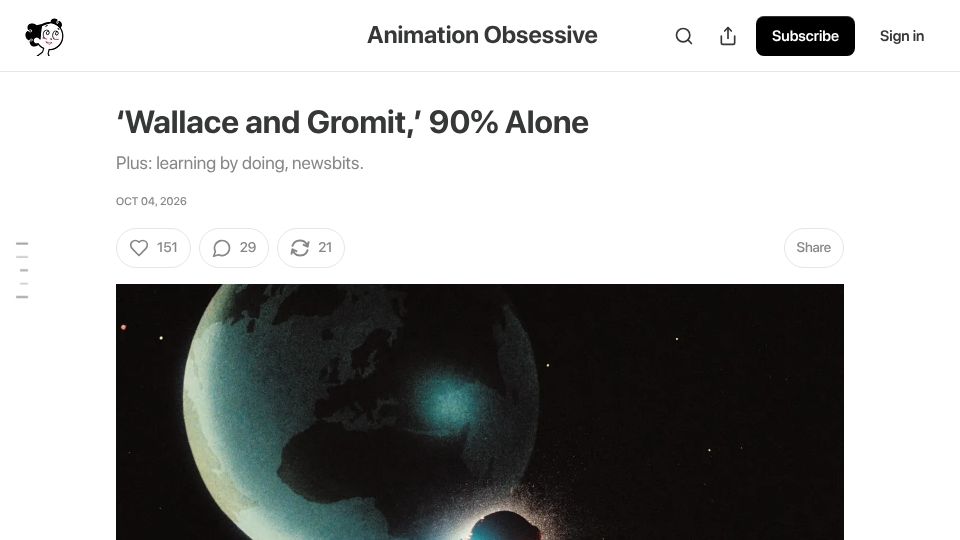 Screenshot of animationobsessive.substack.com: 'Wallace and Gromit,' 90% Alone