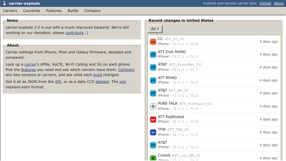 Screenshot of carrierexplode.com: Show HN: Carrier-Explode: iPhone, Pixel and Galaxy carrier settings decoded