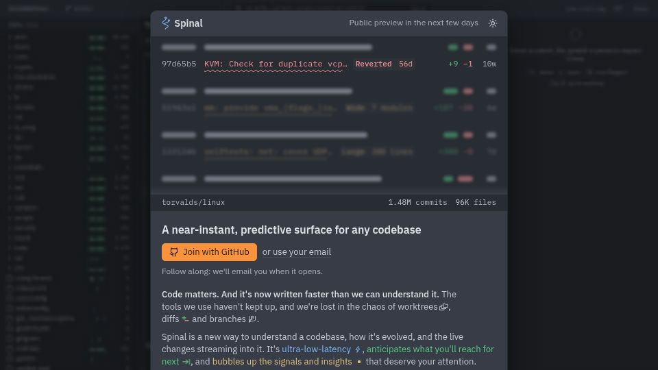 Screenshot of spinal.sh: Spinal: A near-instant, predictive surface for any codebase