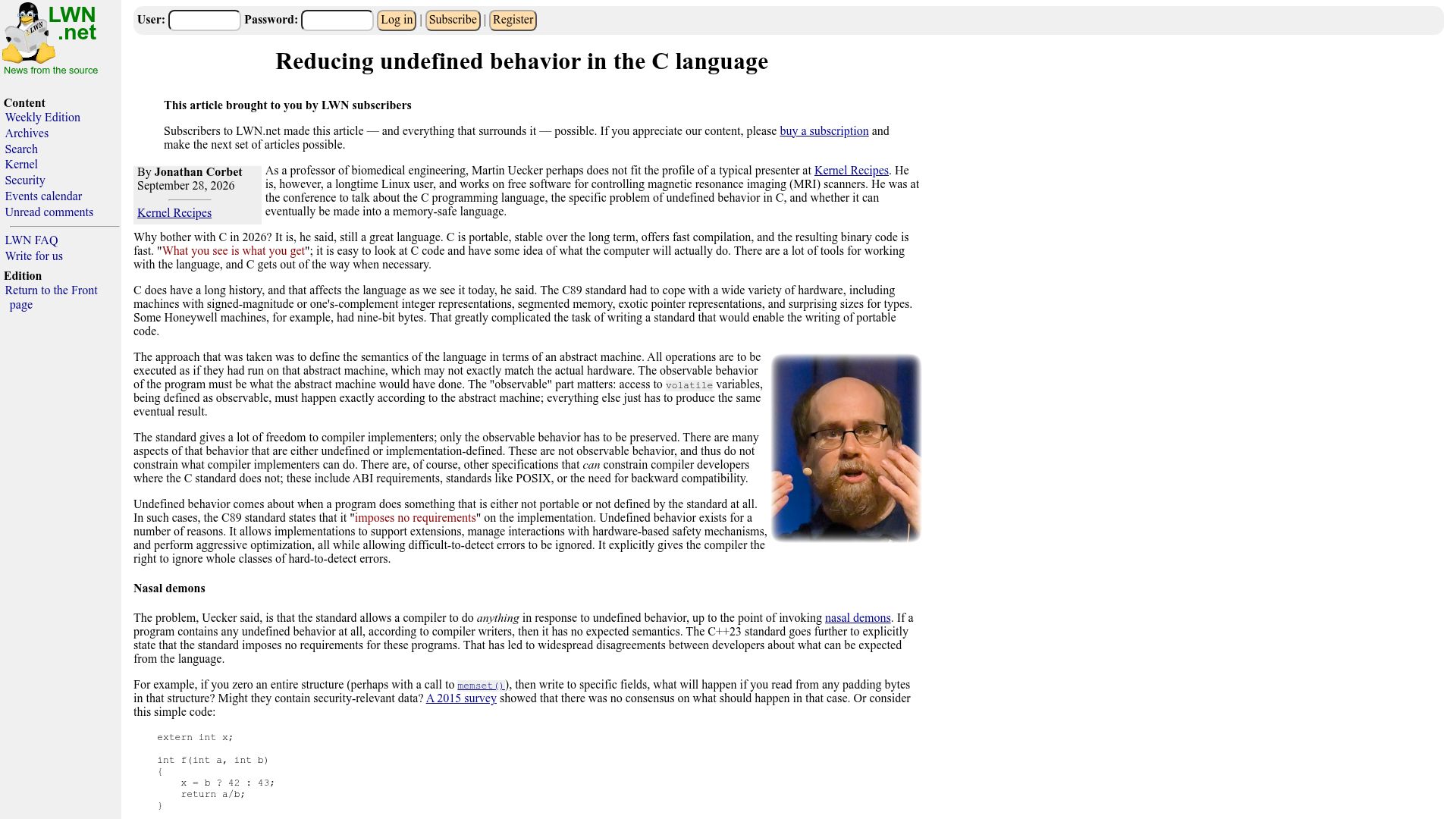 Screenshot of lwn.net: Reducing undefined behavior in the C language