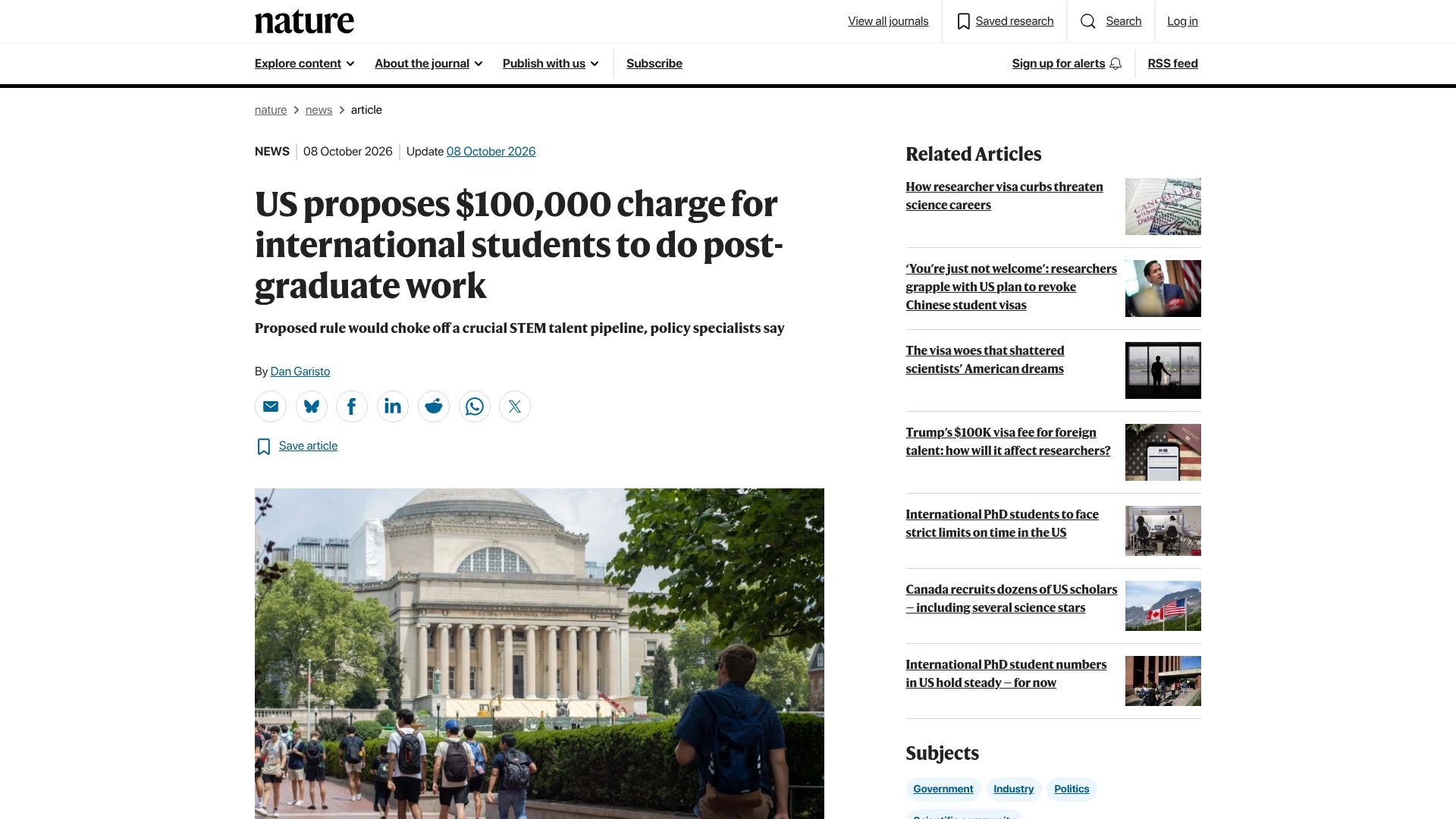 Screenshot of nature.com: US proposes $100k charge for international students to do post-graduate work