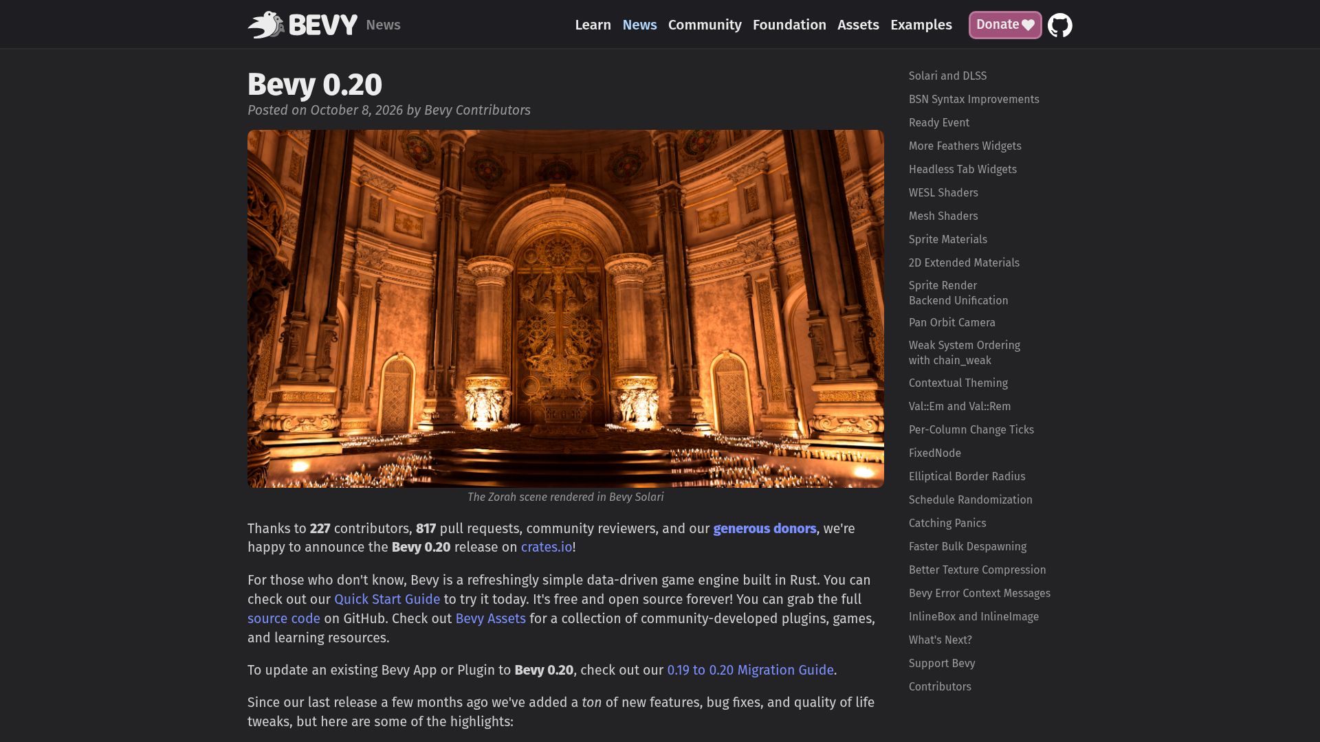 Screenshot of bevy.org: Bevy 0.20
