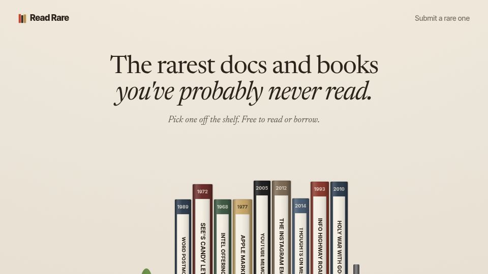 Screenshot of readrare.com: Show HN: The rarest tech books and docs you've probably never read