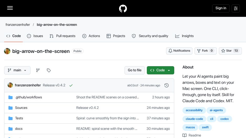 Screenshot of github.com: Show HN: Let your AI agents paint big arrows, boxes and text on your screen