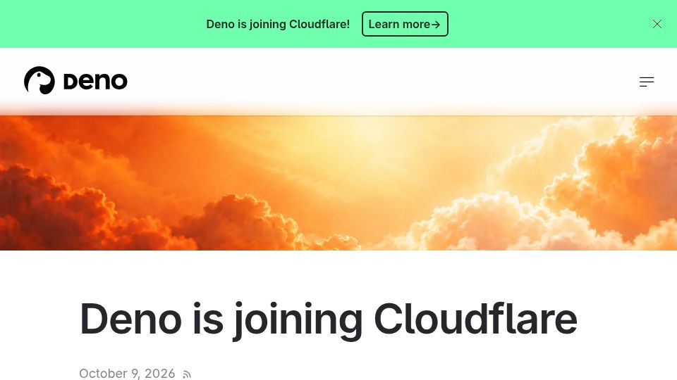 Screenshot of deno.com: Cloudflare acquires Deno