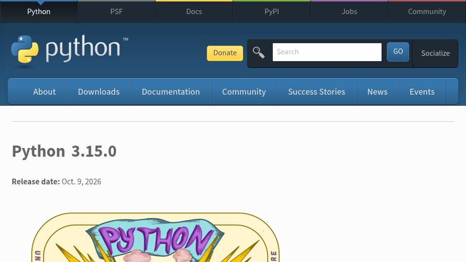 Screenshot of python.org: Python 3.15