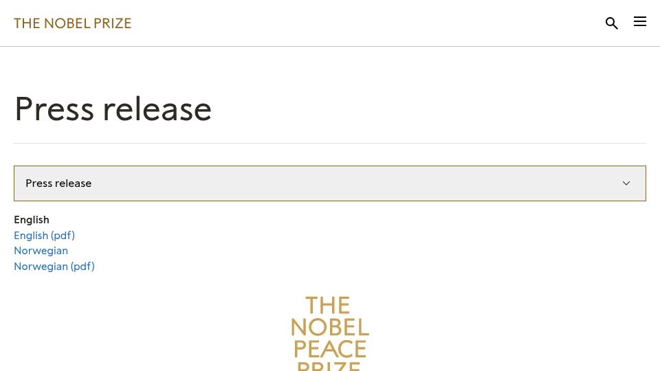 Screenshot of nobelprize.org: Nobel Peace Prize for 2026 to Navanethem Pillay
