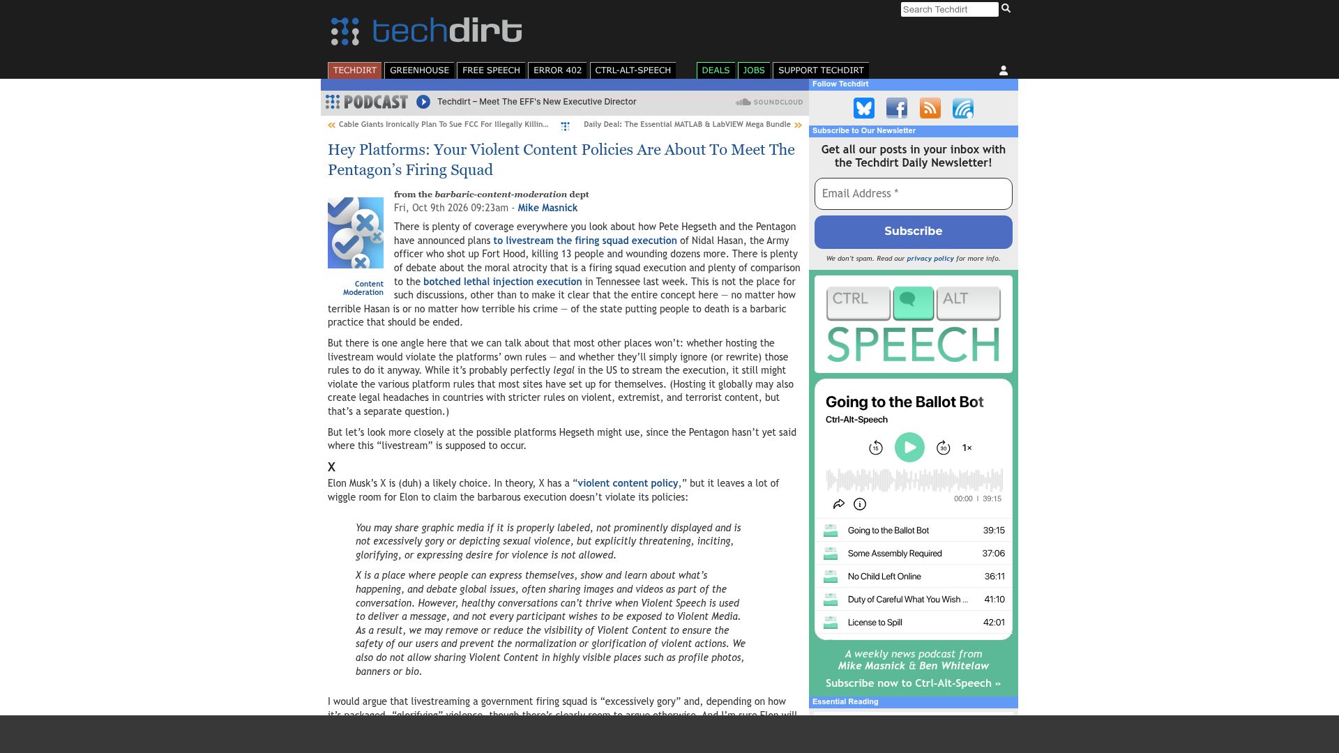 Screenshot of techdirt.com: Platforms' Violent Content Rules Are About to Meet The Pentagon's Firing Squad