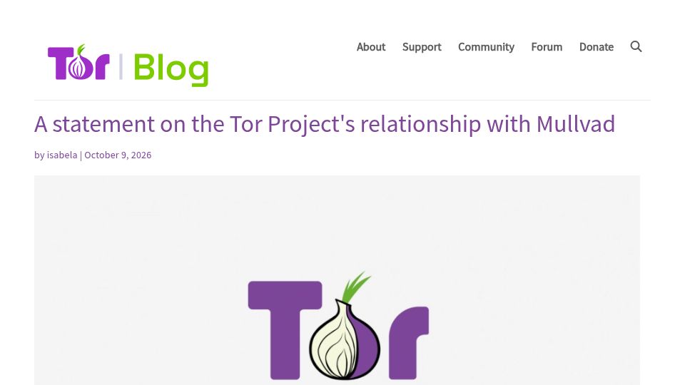 Screenshot of blog.torproject.org: A statement on the Tor Project's relationship with Mullvad