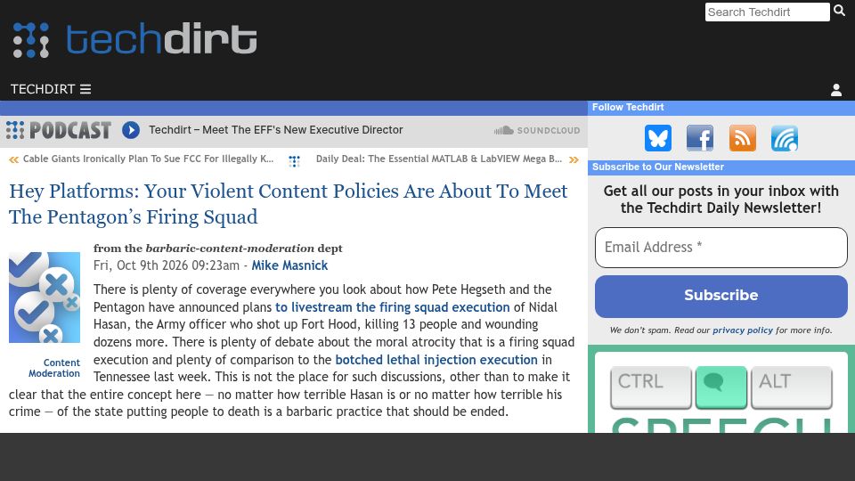 Screenshot of techdirt.com: Platforms' Violent Content Rules Are About to Meet The Pentagon's Firing Squad