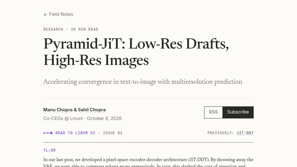 Screenshot of linum.ai: Training Text-to-Image Models Without a VAE