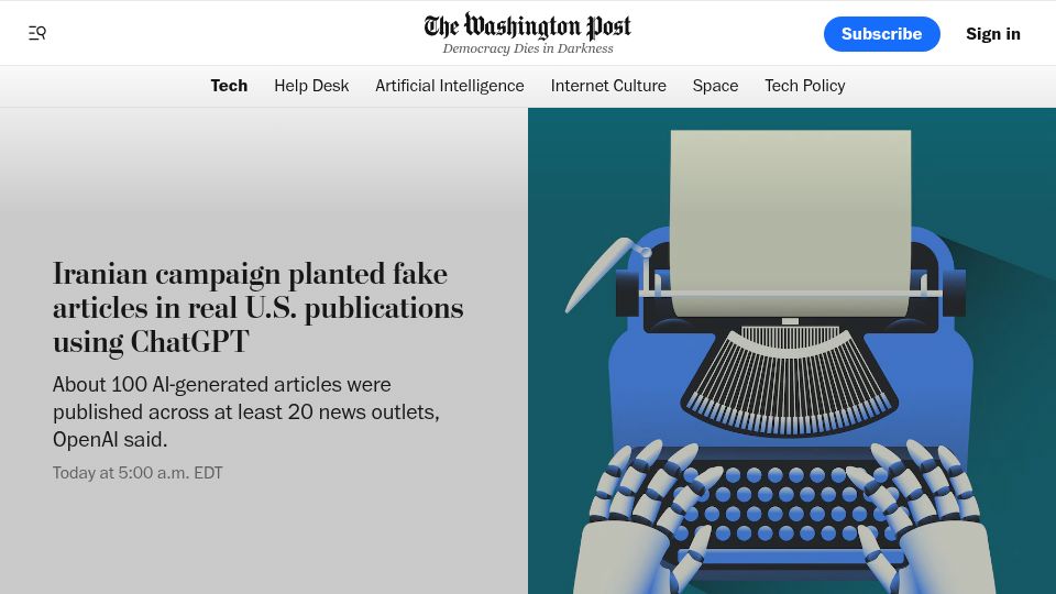 Screenshot of washingtonpost.com: Iranian campaign planted fake articles in real U.S. publications using ChatGPT