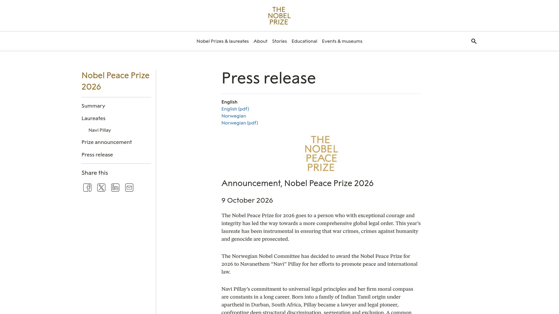 Screenshot of nobelprize.org: Nobel Peace Prize for 2026 to Navanethem Pillay