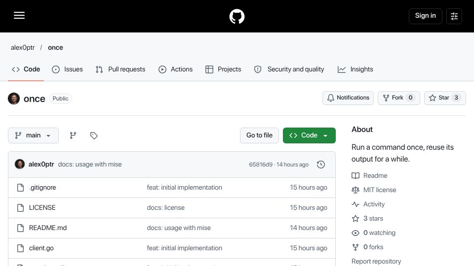 Screenshot of github.com: Once: Cache CLI commands
