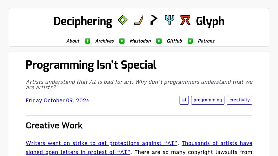 Screenshot of blog.glyph.im: Programming Isn't Special