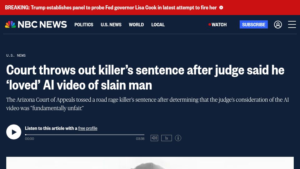 Screenshot of nbcnews.com: Court throws out killer's sentence after judge said he loved AI video of victim