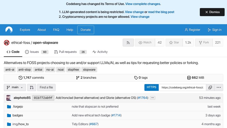 Screenshot of codeberg.org: open-slopware – Alternatives to FOSS projects choosing to use LLMs/AI