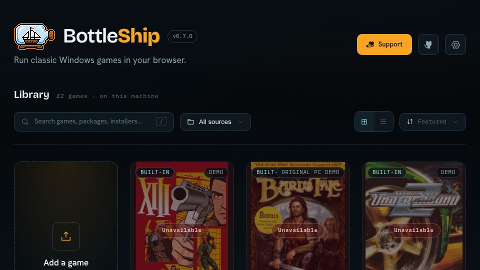 Screenshot of bottleship.pages.dev: Run Windows games (up to D3D9) in the browser