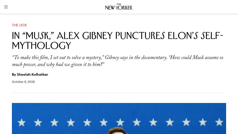 Screenshot of newyorker.com: In "Musk," Alex Gibney Punctures Elon's Self-Mythology