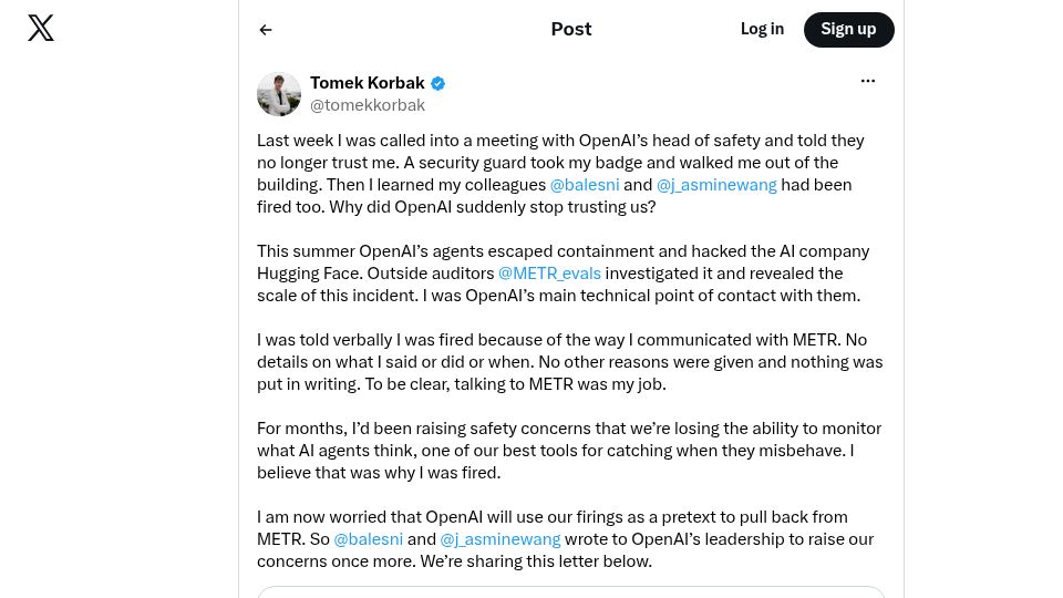 Screenshot of twitter.com: Tomek Korbak: OpenAI's head of safety told they no longer trust me