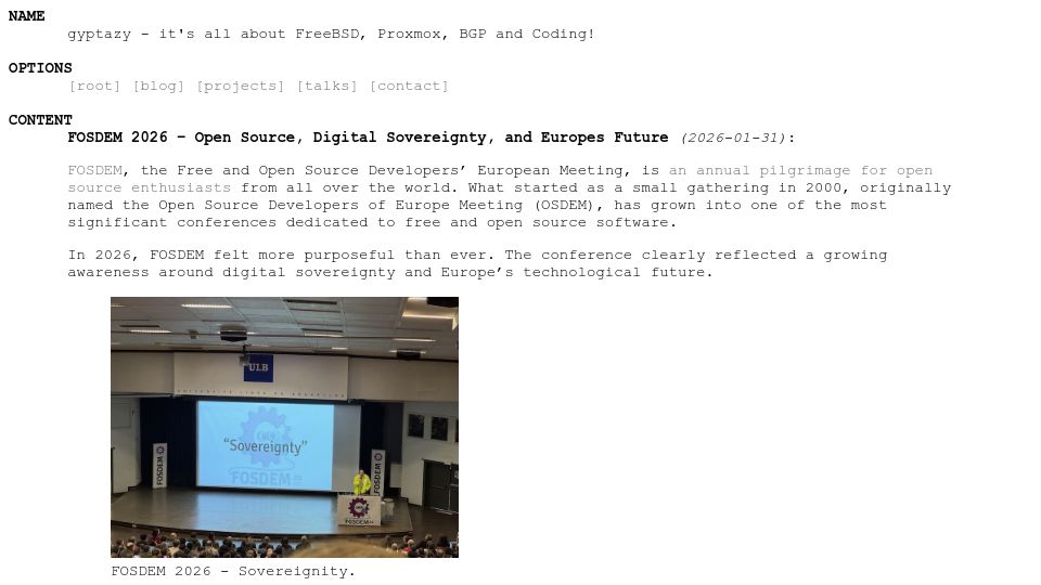 Screenshot of gyptazy.com: FOSDEM 2026 – Open-Source Conference in Brussels – Day#1 Recap