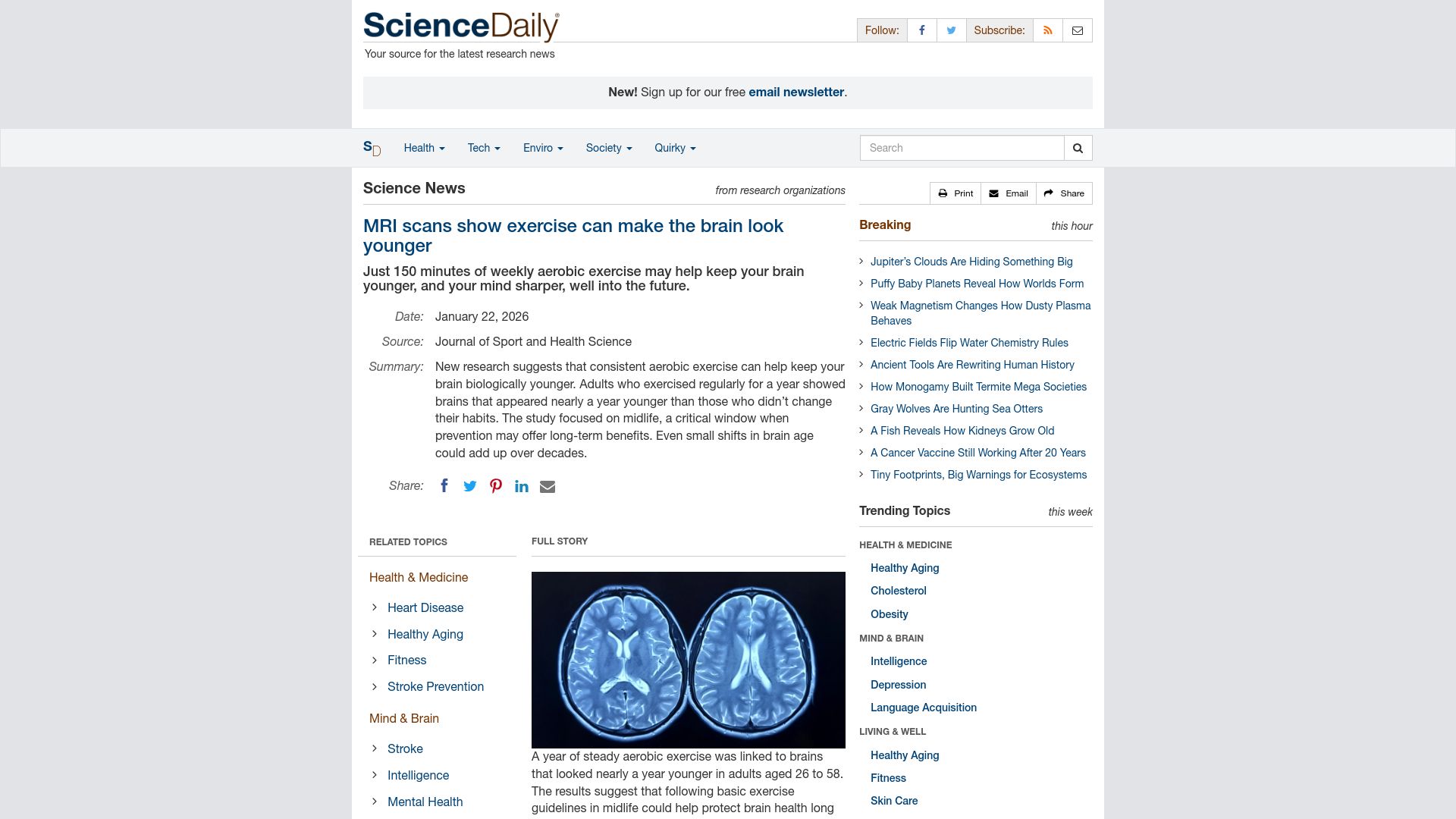 Screenshot of sciencedaily.com: MRI scans show exercise can make the brain look younger