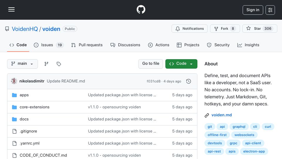Screenshot of github.com: Show HN: Voiden – an offline, Git-native API tool built around Markdown