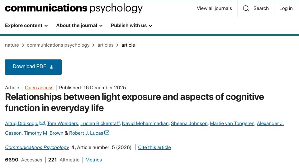 Screenshot of nature.com: Light exposure and aspects of cognitive function in everyday life