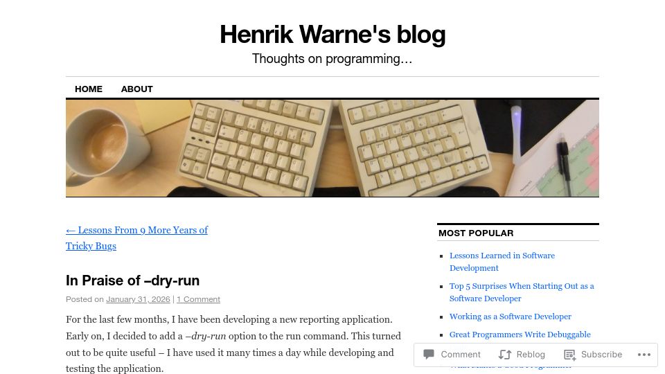 Screenshot of henrikwarne.com: In praise of –dry-run