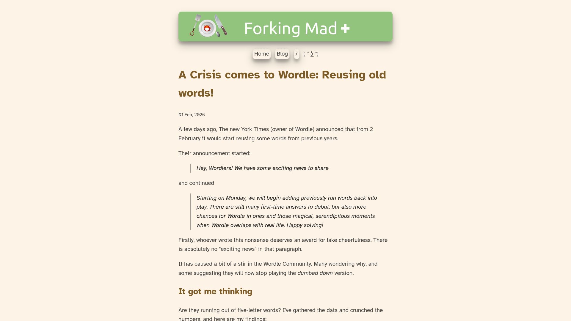 Screenshot of forkingmad.blog: A Crisis comes to Wordle: Reusing old words