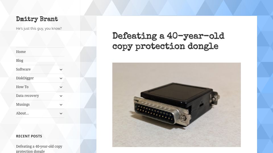 Screenshot of dmitrybrant.com: Defeating a 40-year-old copy protection dongle