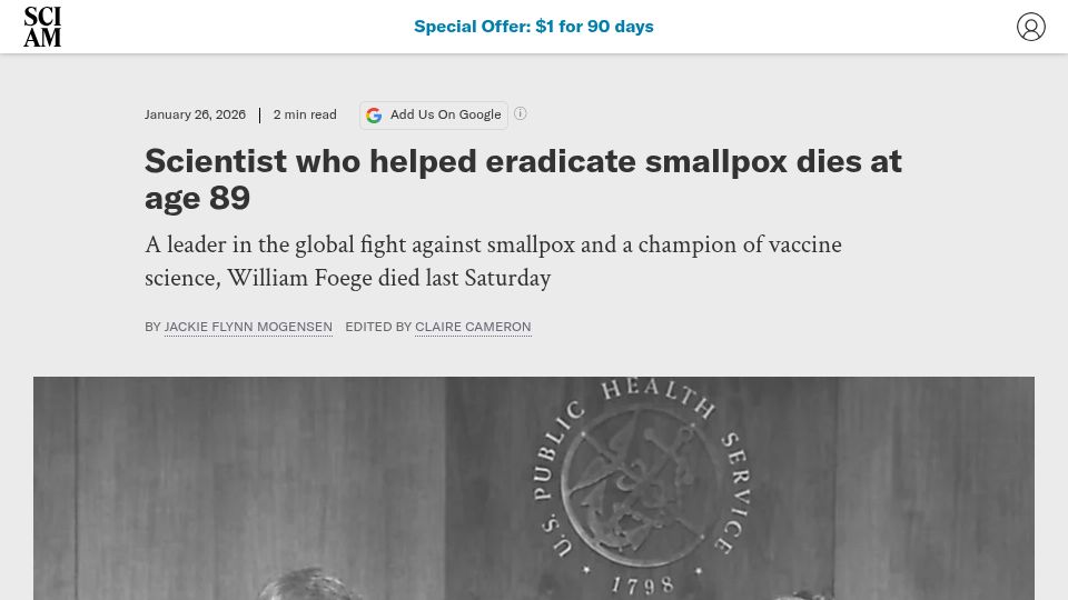 Screenshot of scientificamerican.com: Scientist who helped eradicate smallpox dies at age 89