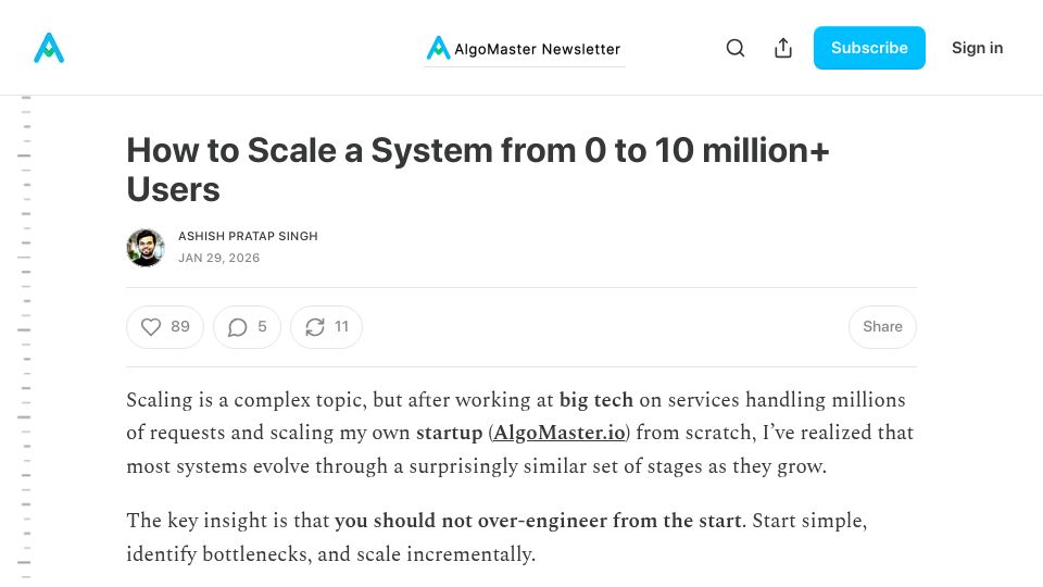 Screenshot of blog.algomaster.io: How to Scale a System from 0 to 10M+ Users