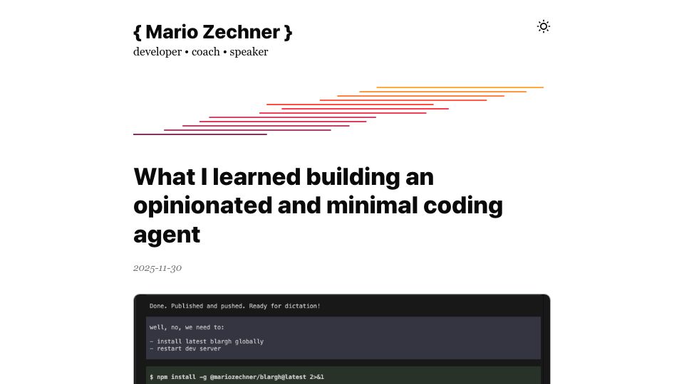 Screenshot of mariozechner.at: What I learned building an opinionated and minimal coding agent