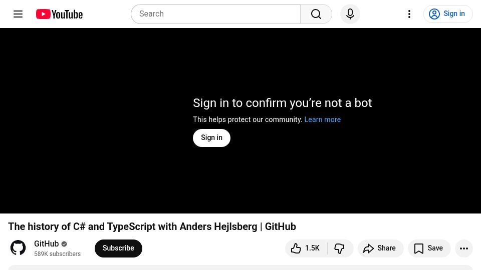 Screenshot of youtube.com: The history of C# and TypeScript with Anders Hejlsberg [video]