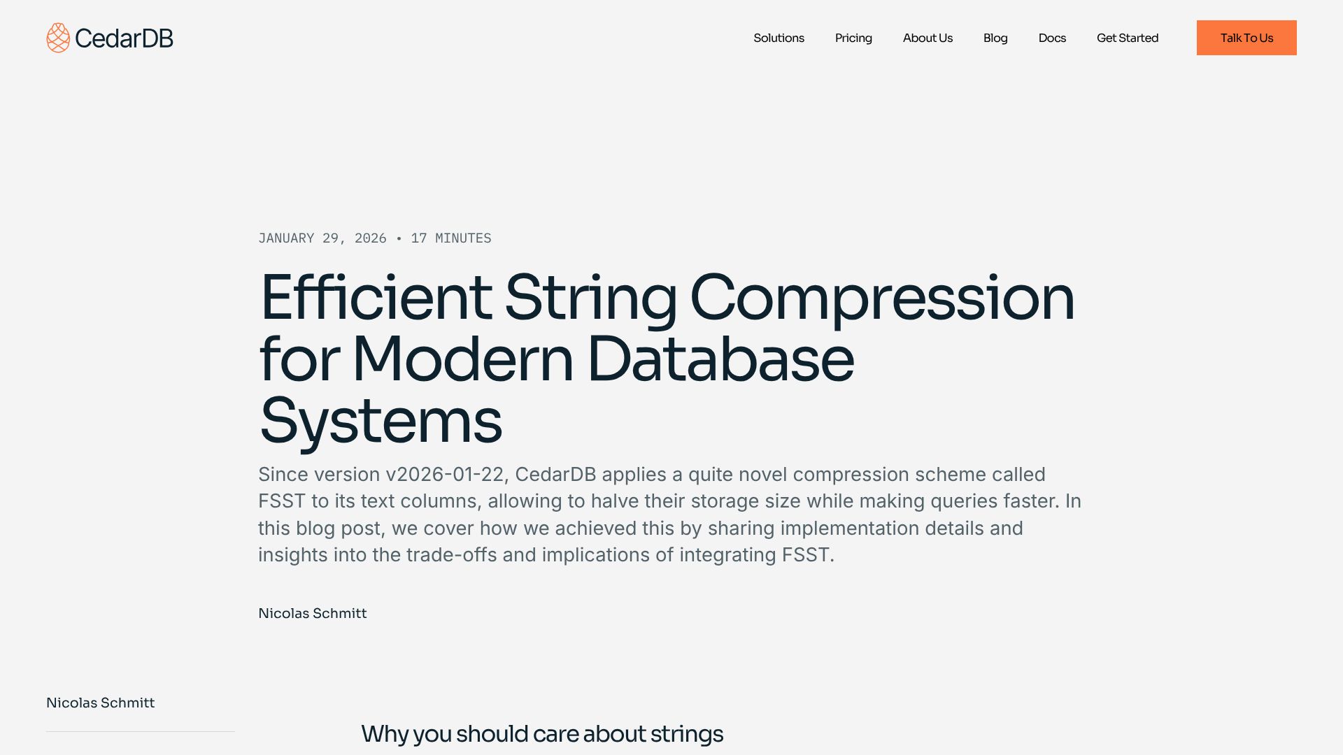Screenshot of cedardb.com: Efficient String Compression for Modern Database Systems