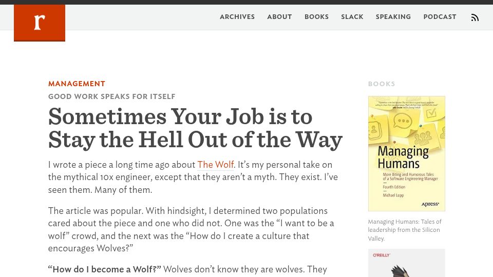 Screenshot of randsinrepose.com: Sometimes your job is to stay the hell out of the way