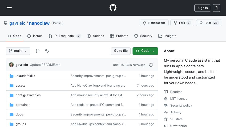 Screenshot of github.com: Show HN: NanoClaw – “Clawdbot” in 500 lines of TS with Apple container isolation