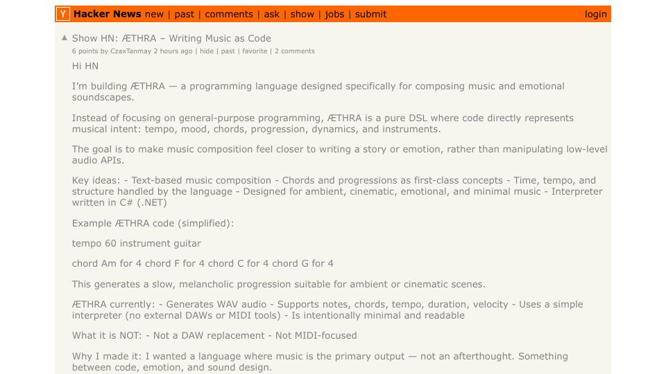 Screenshot of Hacker News post: Show HN: ÆTHRA – Writing Music as Code
