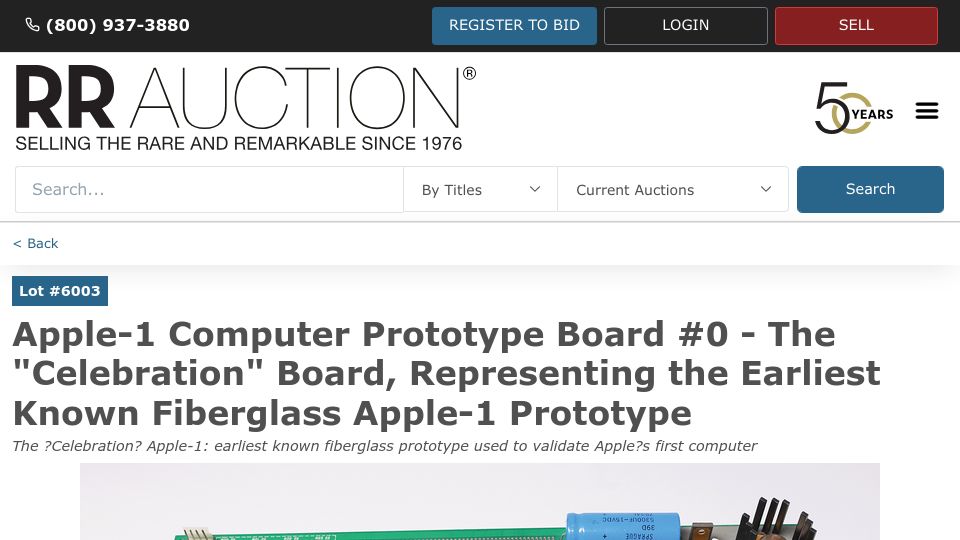Screenshot of rrauction.com: Apple-1 Computer Prototype Board #0 sold for $2.75M