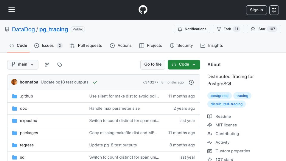 Screenshot of github.com: Pg_tracing: Distributed Tracing for PostgreSQL